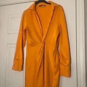 Vibrant Orange Long Sleeve Twist Front Dress